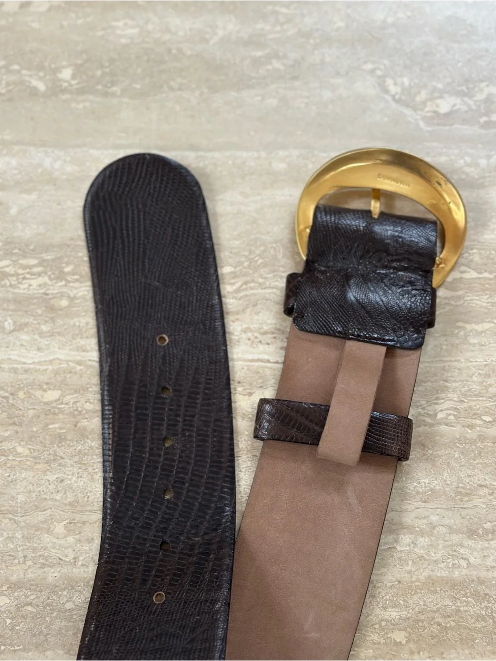 Donna Karan Dark Brown Textured Leather Belt with Gold-Tone Buckle size 29 S/M